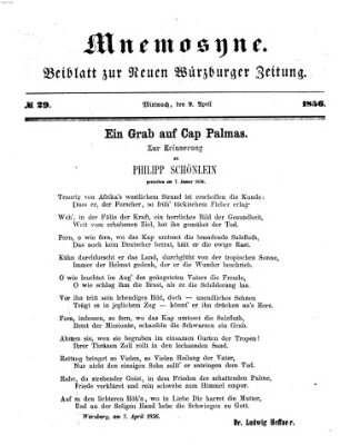 Mnemosyne (Neue Würzburger Zeitung) Mittwoch 9. April 1856