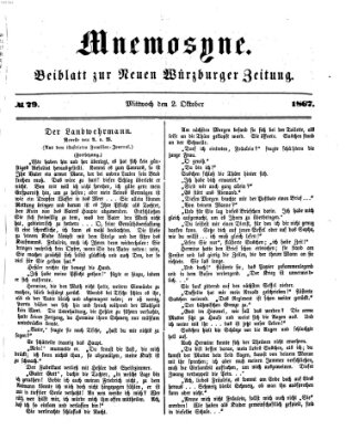 Mnemosyne (Neue Würzburger Zeitung) Mittwoch 2. Oktober 1867