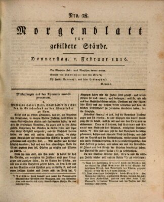 Morgenblatt für gebildete Stände Donnerstag 1. Februar 1816