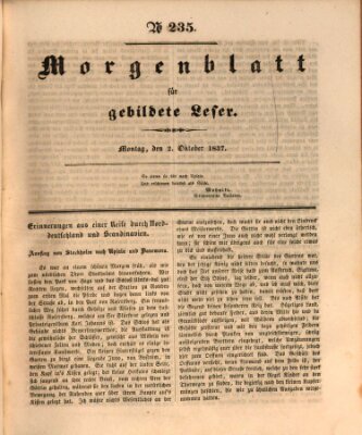 Morgenblatt für gebildete Leser (Morgenblatt für gebildete Stände) Montag 2. Oktober 1837