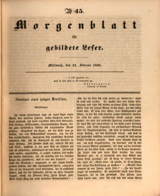 Morgenblatt für gebildete Leser (Morgenblatt für gebildete Stände) Mittwoch 21. Februar 1838