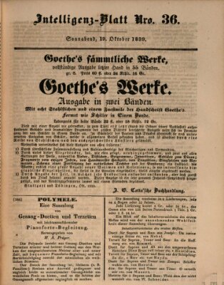 Morgenblatt für gebildete Leser (Morgenblatt für gebildete Stände) Samstag 19. Oktober 1839