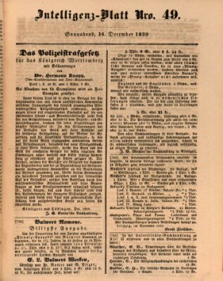 Morgenblatt für gebildete Leser (Morgenblatt für gebildete Stände) Samstag 14. Dezember 1839