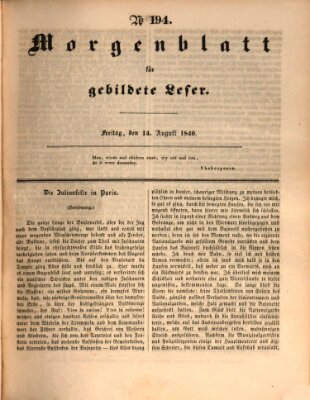 Morgenblatt für gebildete Leser (Morgenblatt für gebildete Stände) Freitag 14. August 1840