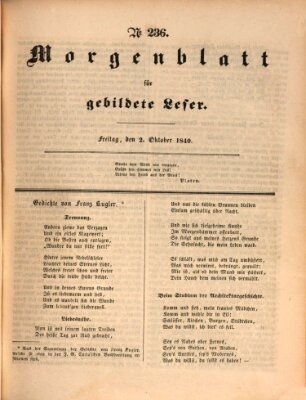 Morgenblatt für gebildete Leser (Morgenblatt für gebildete Stände) Freitag 2. Oktober 1840