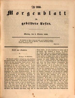 Morgenblatt für gebildete Leser (Morgenblatt für gebildete Stände) Montag 5. Oktober 1840