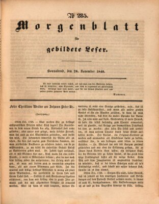 Morgenblatt für gebildete Leser (Morgenblatt für gebildete Stände) Samstag 28. November 1840