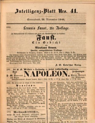 Morgenblatt für gebildete Leser (Morgenblatt für gebildete Stände) Samstag 28. November 1840