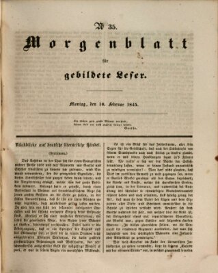 Morgenblatt für gebildete Leser (Morgenblatt für gebildete Stände) Montag 10. Februar 1845