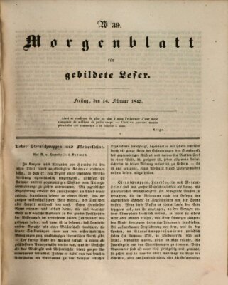 Morgenblatt für gebildete Leser (Morgenblatt für gebildete Stände) Freitag 14. Februar 1845