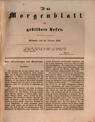 Morgenblatt für gebildete Leser (Morgenblatt für gebildete Stände) Mittwoch 19. Februar 1845