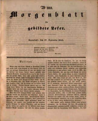 Morgenblatt für gebildete Leser (Morgenblatt für gebildete Stände) Samstag 27. September 1845