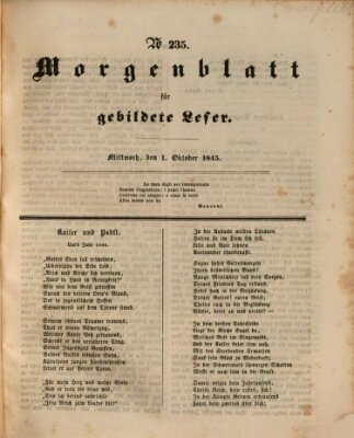 Morgenblatt für gebildete Leser (Morgenblatt für gebildete Stände) Mittwoch 1. Oktober 1845