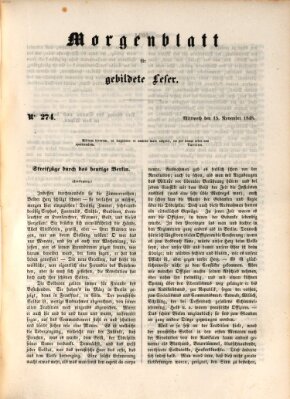 Morgenblatt für gebildete Leser (Morgenblatt für gebildete Stände) Mittwoch 15. November 1848