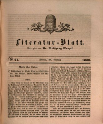 Morgenblatt für gebildete Stände. Literatur-Blatt (Morgenblatt für gebildete Stände) Freitag 26. Februar 1836