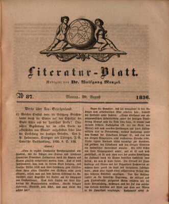 Morgenblatt für gebildete Stände. Literatur-Blatt (Morgenblatt für gebildete Stände) Montag 29. August 1836