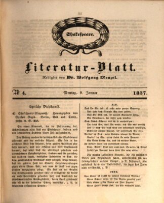 Morgenblatt für gebildete Leser. Literaturblatt (Morgenblatt für gebildete Stände) Montag 9. Januar 1837