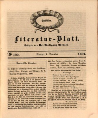 Morgenblatt für gebildete Leser. Literaturblatt (Morgenblatt für gebildete Stände) Montag 4. Dezember 1837