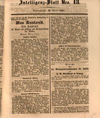 Morgenblatt für gebildete Leser. Literaturblatt (Morgenblatt für gebildete Stände) Samstag 22. April 1837