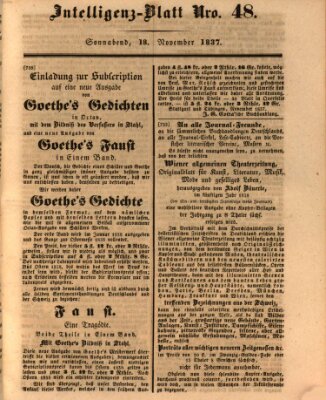 Morgenblatt für gebildete Leser. Literaturblatt (Morgenblatt für gebildete Stände) Samstag 18. November 1837