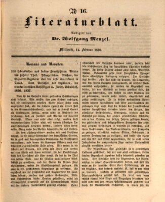 Morgenblatt für gebildete Leser. Literaturblatt (Morgenblatt für gebildete Stände) Mittwoch 14. Februar 1838