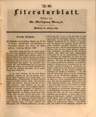 Morgenblatt für gebildete Leser. Literaturblatt (Morgenblatt für gebildete Stände) Mittwoch 21. Februar 1838