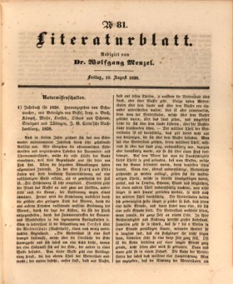 Morgenblatt für gebildete Leser. Literaturblatt (Morgenblatt für gebildete Stände) Freitag 10. August 1838