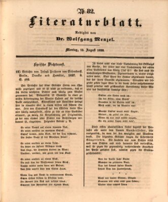 Morgenblatt für gebildete Leser. Literaturblatt (Morgenblatt für gebildete Stände) Montag 13. August 1838