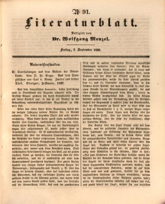 Morgenblatt für gebildete Leser. Literaturblatt (Morgenblatt für gebildete Stände) Freitag 7. September 1838