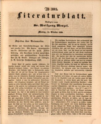 Morgenblatt für gebildete Leser. Literaturblatt (Morgenblatt für gebildete Stände) Montag 15. Oktober 1838