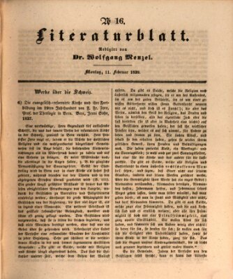 Morgenblatt für gebildete Leser. Literaturblatt (Morgenblatt für gebildete Stände) Montag 11. Februar 1839