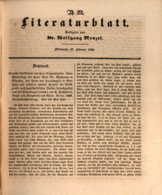 Morgenblatt für gebildete Leser. Literaturblatt (Morgenblatt für gebildete Stände) Mittwoch 27. Februar 1839