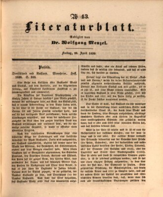 Morgenblatt für gebildete Leser. Literaturblatt (Morgenblatt für gebildete Stände) Freitag 26. April 1839