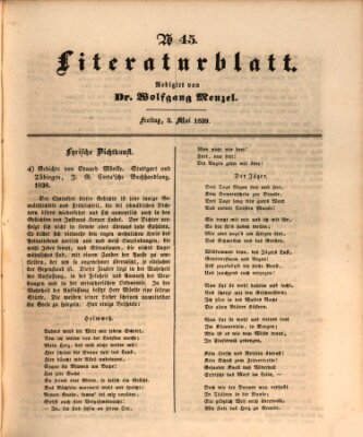 Morgenblatt für gebildete Leser. Literaturblatt (Morgenblatt für gebildete Stände) Freitag 3. Mai 1839