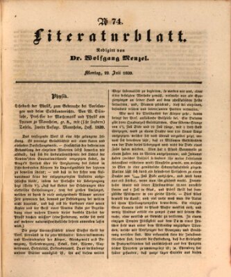 Morgenblatt für gebildete Leser. Literaturblatt (Morgenblatt für gebildete Stände) Montag 22. Juli 1839