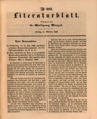 Morgenblatt für gebildete Leser. Literaturblatt (Morgenblatt für gebildete Stände) Freitag 11. Oktober 1839