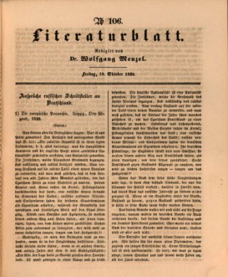 Morgenblatt für gebildete Leser. Literaturblatt (Morgenblatt für gebildete Stände) Freitag 18. Oktober 1839