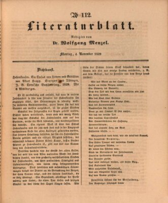 Morgenblatt für gebildete Leser. Literaturblatt (Morgenblatt für gebildete Stände) Montag 4. November 1839