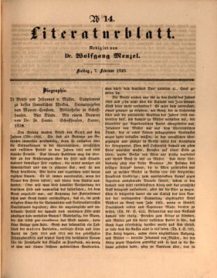 Morgenblatt für gebildete Leser. Literaturblatt (Morgenblatt für gebildete Stände) Freitag 7. Februar 1840