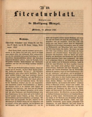 Morgenblatt für gebildete Leser. Literaturblatt (Morgenblatt für gebildete Stände) Mittwoch 19. Februar 1840