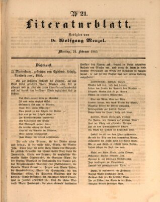 Morgenblatt für gebildete Leser. Literaturblatt (Morgenblatt für gebildete Stände) Montag 24. Februar 1840