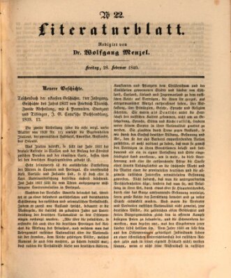 Morgenblatt für gebildete Leser. Literaturblatt (Morgenblatt für gebildete Stände) Freitag 28. Februar 1840