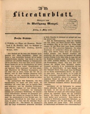 Morgenblatt für gebildete Leser. Literaturblatt (Morgenblatt für gebildete Stände) Freitag 6. März 1840