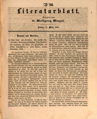 Morgenblatt für gebildete Leser. Literaturblatt (Morgenblatt für gebildete Stände) Freitag 13. März 1840