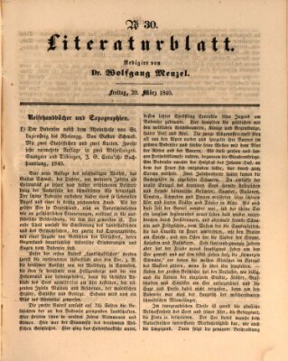 Morgenblatt für gebildete Leser. Literaturblatt (Morgenblatt für gebildete Stände) Freitag 20. März 1840