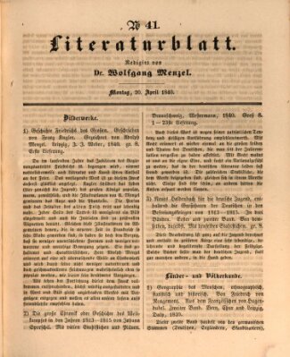 Morgenblatt für gebildete Leser. Literaturblatt (Morgenblatt für gebildete Stände) Montag 20. April 1840