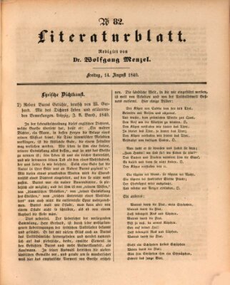 Morgenblatt für gebildete Leser. Literaturblatt (Morgenblatt für gebildete Stände) Freitag 14. August 1840