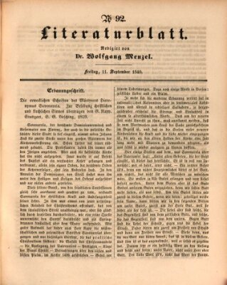 Morgenblatt für gebildete Leser. Literaturblatt (Morgenblatt für gebildete Stände) Freitag 11. September 1840