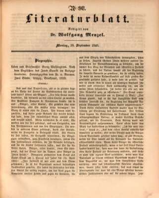 Morgenblatt für gebildete Leser. Literaturblatt (Morgenblatt für gebildete Stände) Montag 28. September 1840