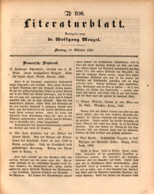 Morgenblatt für gebildete Leser. Literaturblatt (Morgenblatt für gebildete Stände) Montag 19. Oktober 1840